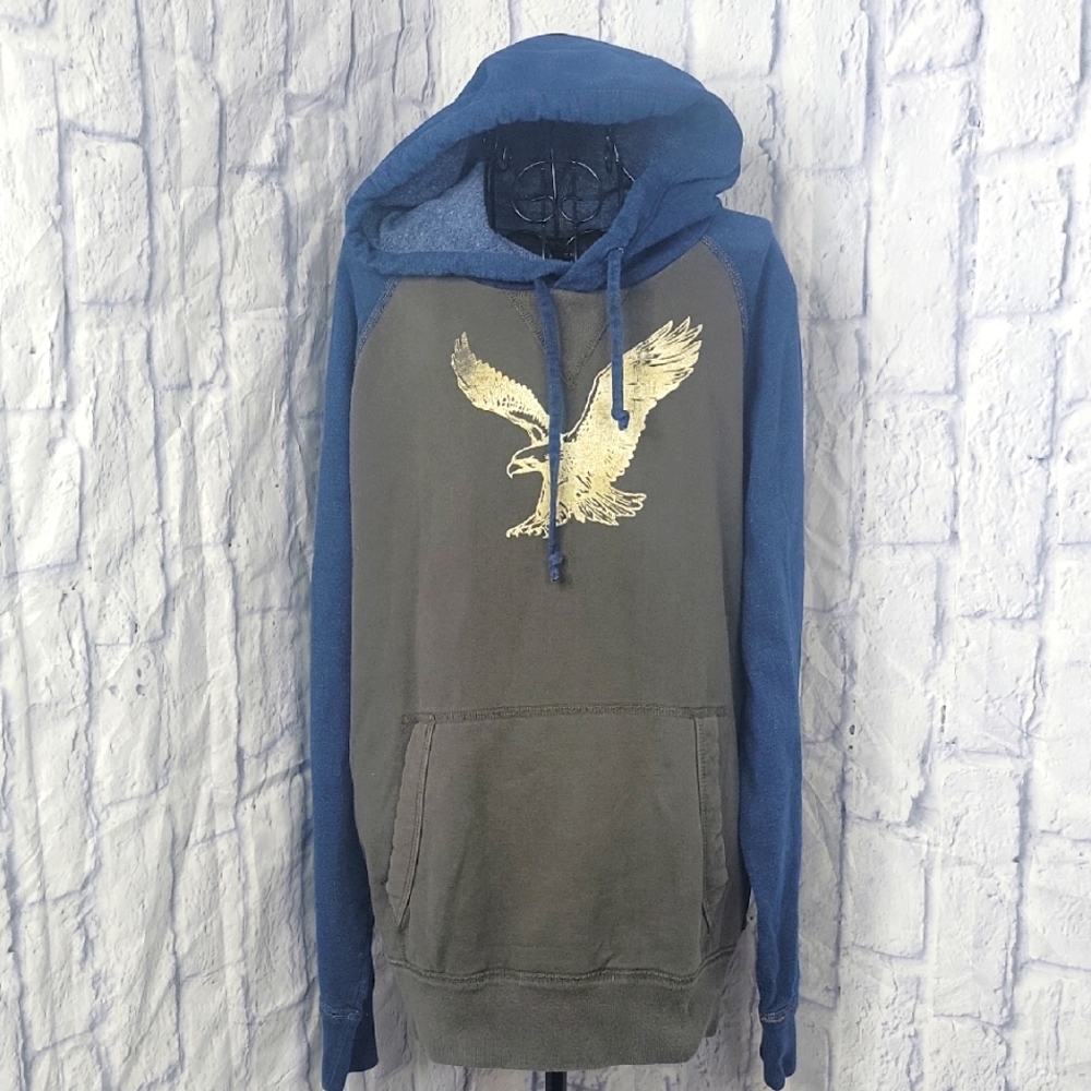 American Eagle Outfitters Blue and Gray Hoodie‎ Sweatshirt Medium